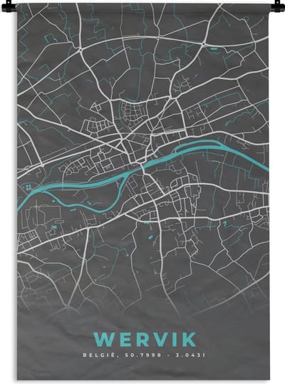 Wandkleed - Wanddoek - Kaart – Plattegrond – Stadskaart – Wervik – België - Grijs - 120x180 cm - Wandtapijt