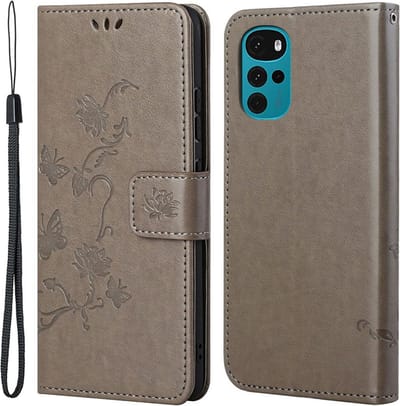 Coverup Hoesje - Geschikt voor Motorola Moto G22 Hoesje - Coverup Bloemen & Vlinders Book Case - Taupe Grijs
