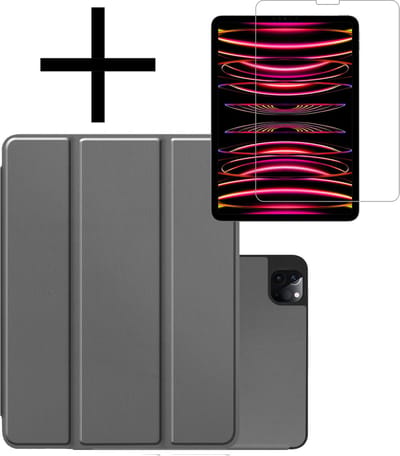 Hoes - Geschikt voor Apple iPad Pro (2022) - 12.9 inch - Met Screenprotector - Trifold Bookcase - Hard Cover Case - Met Uitsparing Geschikt voor Apple Pencil - Hardcover Book - Tablet Hoesje - Grijs