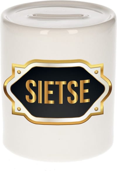 Spaarpot met voornaam Sietse - wit - met goud/zwart embleem - 8 x 9 cm - keramiek - met afsluitdop - cadeau verjaardag