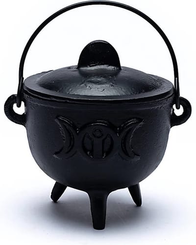 Cauldron (heksenketel) zon en maan - 12x9.5 - 1080 - Gietijzer - Zwart - Wierookrituelen - Handvat - Huis reinigen