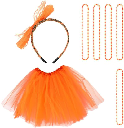 Dailygoods- Tutu Kostuum Jaren 80 - Oranje Tutu Rok 40 cm - Hoofdband 11 cm - 5 Kralen Kettingen - Perfect voor Halloween - Dansvoorstellingen - Feestkostuum
