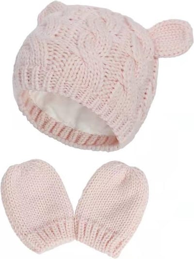 Baby Muts en Wanten – Roze – Beertje – Katoenen Voering – 6-18 Maanden (Maat L)