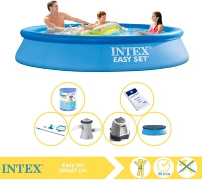 Intex Rond Opblaasbaar Easy Set Zwembad - 305 x 61 cm - Blauw - Inclusief Afdekzeil - Zwembadfilterpomp - Filter - Schoonmaakset - Zoutwatersysteem - Zwembadzout - 7-delig
