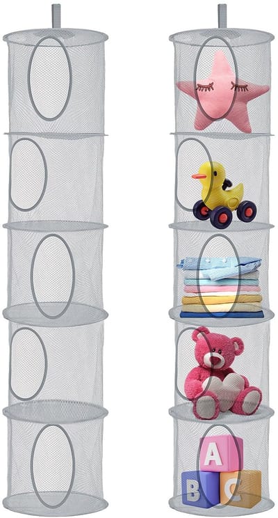 2 stuks hangopslag, 5 niveaus hangende opbergmand, opvouwbaar hangend net, opbergtas, knuffeldier, opslag voor kinderkamer, badkamer, balkon (grijs)