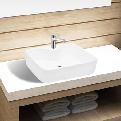 Keramische Wastafel - Opzetwastafel Lavabo - Badkamer Renovatie - Inclusief Kraangat - Vierkant Design - Wit