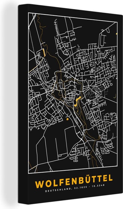 Canvas Schilderij Duitsland – Black and Gold – Wolfenbüttel – Stadskaart – Kaart – Plattegrond - 20x30 cm - Wanddecoratie