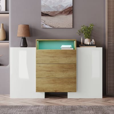 Modern Sideboard 140 cm – Hoogglans Wit & Houtlook met Kleurrijke LED-Verlichting – Stijlvolle Opbergkast voor Woonkamer