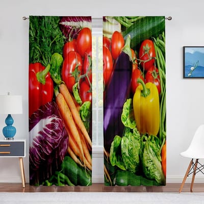 Rideau en Voile Transparent Fruits et légumes, fenêtre alimentaire biologique, en mousseline de soie transparente, en Tulle, pour décoration de salon et de cuisine 1 PCS W100XH250cm&Rod Pocket