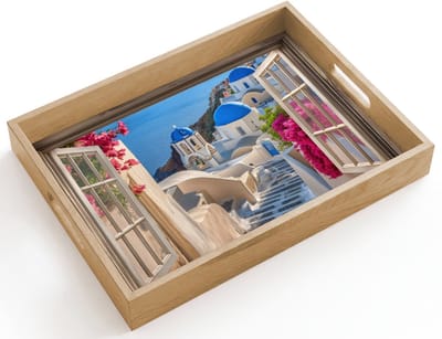 Dienblad hout 40x30 cm - Schootdienblad - Doorkijk - Santorini - Landschap - Blauw - Grieks - Borrelplank rechthoek - Plateau dienbladen