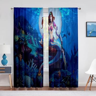 Zeemeermin Fantasie Marineleven Maan Transparant Gordijn voor Woonkamer Slaapkamer Tule Gordijn Chiffon Transparant Voile Keuken Raamgordijn 1 PCS W100XH250cm&Grommet Top
