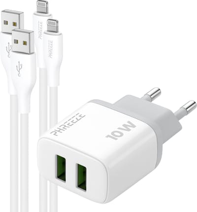 Phreeze usb adapter 12 W - Geschikt voor iPhone en iPad met Lightning kabel 1m - Dual usb poorten - 2 kabels inbegrepen