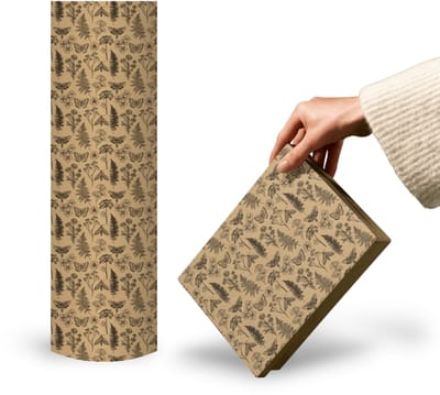 Papierrol Cadeaupapier – Bio Kraft Nature Time Zwart – 60cm x 100m – Duurzaam Inpakpapier met Natuurmotief – 70gr/m² – Milieuvriendelijk Kraftpapier met Watergedragen Inkt