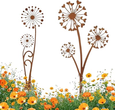 Tuinsteker Paardenbloem - Decoratieve Paal - Tuin Verfraaien - Roestlook Metaal - 2 Stuks - Roestbruin