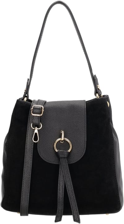 Charm London Mariëlle Schoudertas - Shopper - Suede en Leer - Overslag - Ritssluiting - Verstelbare Band - Dames - Leren Dames Tas - Zwart