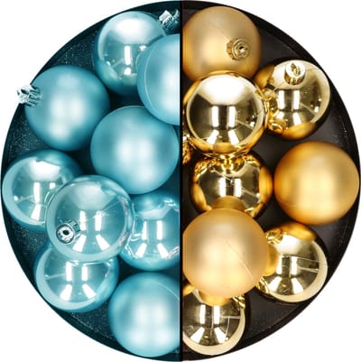 Decoris - kerstballen - 24x st - mix goud/ijsblauw - 6 cm - kunststof - kerstversiering