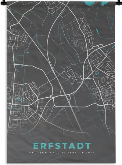 Wandkleed - Wanddoek - Erfstadt– Stadskaart – Blauw – Plattegrond – Stadskaart – Kaart - Duitsland - 120x180 cm - Wandtapijt