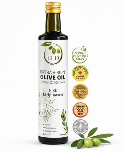 ELEO Olijfolie 500ml Early Harvest Nike – 100% Griekse Picual Olijven – Zuurgraad 0,15% – Rijk aan Polyfenolen – Ondersteunt Immuunsysteem & Ontstekingsremmend – Absolute Topkwaliteit – Internationale Gouden Medaille Winnaar