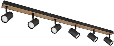 Plafondspot zwart spot strip 6 vlammen, MDF hout look Scandinavisch, 6x GU10 stopcontact, LxBxH 115x6x13.5cm