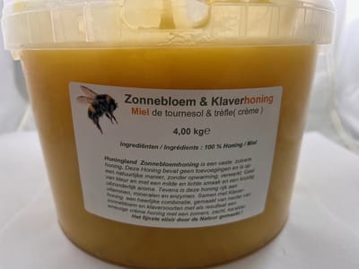 Honingland : Zonnebloem & Klaverhoning , Miel de tournesol & trèfle ( crème ) 4,00 kg
