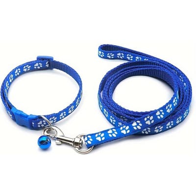 Ensemble collier et laisse pour chien, Collier pour chien en nylon avec motif patte mignon et clochette, Laisse longue pour promenade de chien XS bleu