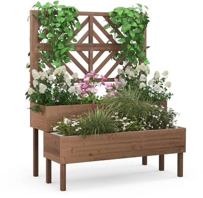 Plantenbak met klimrek - Bloembak - Weerbestendig - Met trellis - Buiten - Hout - Bruin
