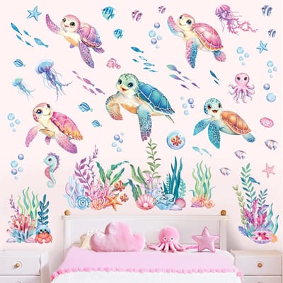 Allecto - Wandstickers Onderwaterwereld - Zeeschildpadden - Maritieme Sfeer - Multikleur - Badkamer Decoratie - Geschikt voor Kinderkamers