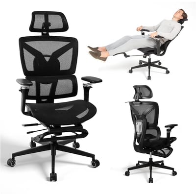 Dailygoods- Bureaustoel Ergonomisch - Verstelbare Armleuningen - Voetsteun - Lendensteun - Draaistoel - Mesh Achterkant - 360° Draaibaar - Werkstoel