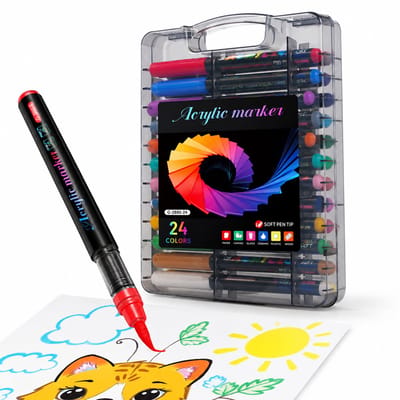 Acrylmarkers - set van 24 kleuren - vloeibare inkt - zachte punt - voor tekenen en doodlen - draagdoos