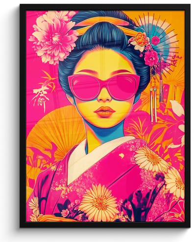 Poster in lijst - Fotolijst 50x70 cm - Posters - Vrouw - Zonnebril - Abstract - Oranje - Posterlijst zwart - Decoratie - Wanddecoratie woonkamer - Muurdecoratie slaapkamer