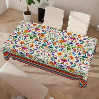 Mexicaanse Stijl Bloemig Vogel Rechthoekig Tafelkleed Mexico Fiesta Feest Decor Kleurrijke Gestreepte Polyester Tafelkleden voor Tafeldecoratie 90x140cm white