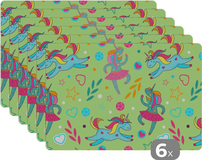 Placemat - Placemats kunststof - 45x30 cm - Ballerina - Eenhoorn - Patronen - Regenboog - 6 stuks - Borden onderleggers antislip - Tafel decoratie - Luxe tafelversiering - Tafelmat vinyl - Bord onderlegger - Tafeldecoratie accessoires