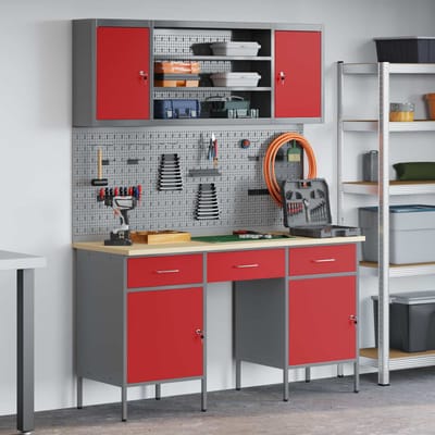 vidaXL - Werk - Cabinet - 7 - st - Rood - en - Grijs - Engineered - hout - en - staal