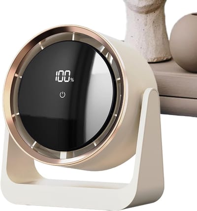 Witte USB tafelventilator met LED display – stil, oplaadbaar, wandmontage mogelijk, voor slaapkamer of kantoor
