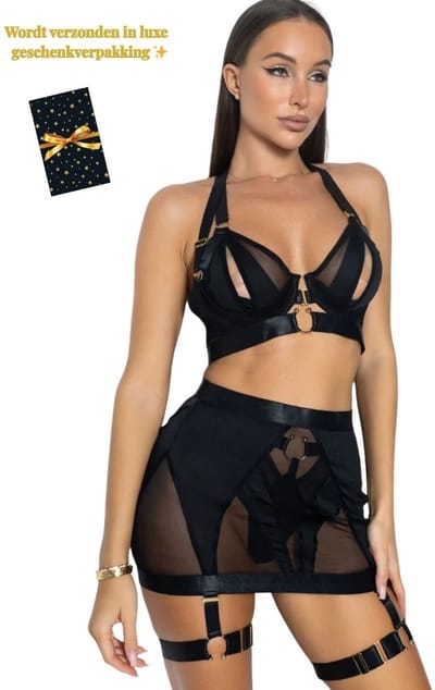 Luxe Lingerieset Dames – Sexy Lingerie – Erotische Lingerie Set – 5-delige Jarretelset met rokje – Zwart Mesh – Beugel BH – High Waist Lingerie – Boudoir Set – Chique – High End – Madam Hommard – Exclusief – Cadeau Set – Dare to Undress – XS, S, M, L