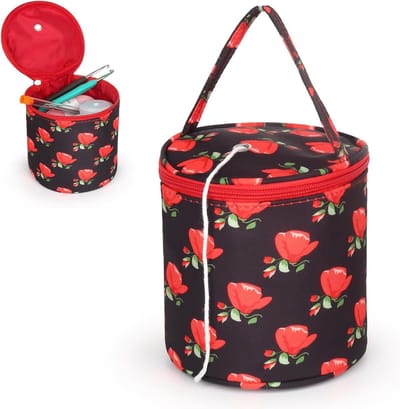 Kleine Draagbare Breitas voor Wol en Haaknaalden, Ideale Opbergtas voor Brei- en Haakprojecten, Mini Ronde Opbergtas in Rood Rozenpatroon