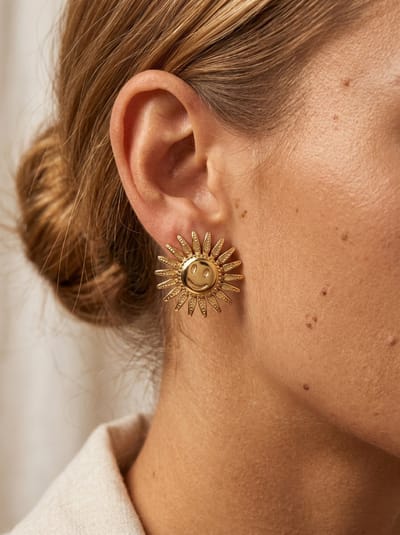 Lundholm Soley Oorbellen Dames Goudkleurig - Smiling Sun Statement Oorbellen Zon Zomer Statement Studs - Premium Stainless Steel - Bloem Zon Hangers Goud Verguld - Vrouwen Cadeautjes Cadeau voor Haar - Scandinavisch Design
