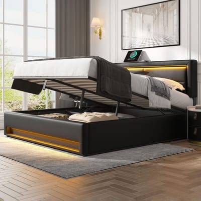 STILVORA Tweepersoonsbedden 140x200 cm - Bedbodems Met Opbergruimte En USB-Oplader - PU - Zwart