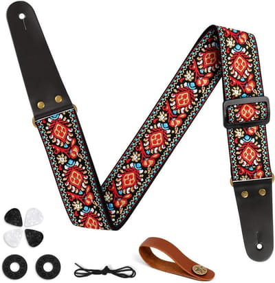 Vintage geborduurde katoenen gitaarband - Verstelbare band voor bas, elektrische akoestiek - Echt leer - Gitaarriem 5 cm - Met riemknop - 2 riemsluitingen - Comfortabel en stijlvol