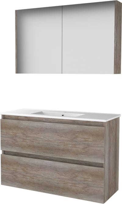 Basic Comfort 39 badmeubelset met spiegelkast, greeploze wastafelonderkast met 2 lades en porseleinen wastafel met 1 kraangat 100 x 39 cm, scotch oak