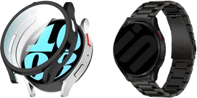 Strap-it Titanium horlogeband + TPU Case (Zwart) - speciaal geschikt voor Samsung Galaxy Watch 6 44mm - Schakel band voor Galaxy Watch 6 44mm - Zwart - Stalen schakelarmband - RVS armband