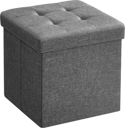 Opbergkruk, kleine opvouwbare poef, 30 x 30 cm, kubusvormige voetensteun met opslag, belastbaar tot 130 kg, voor woonkamer, slaapkamer, slaapzaal, donkergrijs