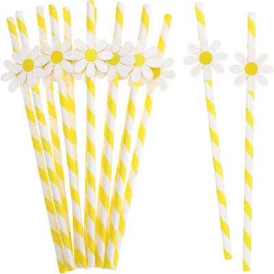 30 Stuks Papieren Rietjes met Daisy Motief, Wegwerp Drinkrietjes voor Feestjes, Babyshowers en Bruiloften, Perfect voor DIY Projecten en Verjaardagen