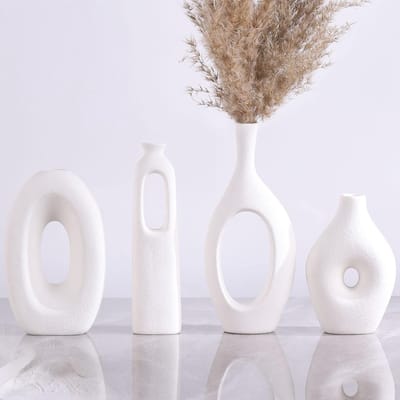 Set van 4 Witte Keramische Vazen, Ronde Boho Vazen voor Pampasgras en Bloemen, Moderne Minimalistische Decoratie voor Woonkamer, Slaapkamer en Tafelcentra