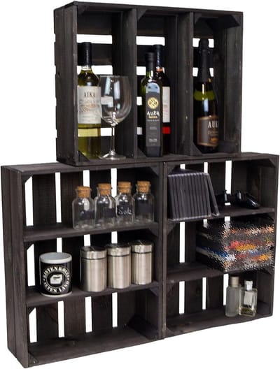 Set van 3 Houten Kisten Zwart - Opbergkist, Rekkist en Wandrek - 50x40x16 cm