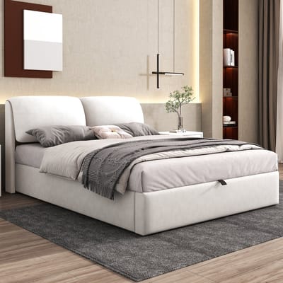 Wishdor Gestoffeerd Bed - 140x190 cm - Hydraulische Opbergruimte & 3 Lades - Verstelbaar Hoofdbord Design - Fluweel - Beige