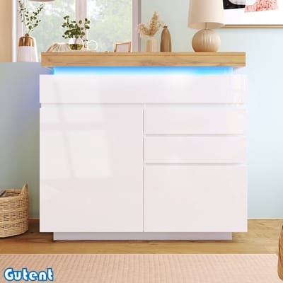 Gutent Ladekast - Hoogglans dressoir - 2 deuren, 3 laden - LED Verlichting - 115 x 110 x 39 cm - Wit
