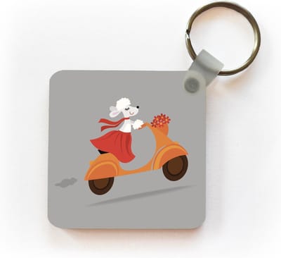 Sleutelhanger - Uitdeelcadeautjes - Illustratie van een hond op een Vespa - Plastic