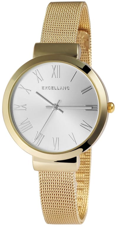 Exellanc-dameshorloge-goudkleurig-romeinse cijfers-Milanese band-mesh-3 atm-diameter 34 mm model 1300036-005-verstelbare band
