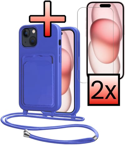 Hoes Geschikt voor iPhone 15 Plus Hoesje Pasjeshouder Cover Met Koord Case Siliconen Hoes Met Telefoonkoord en Kaarthouder Met 2x Screenprotector - Felblauw